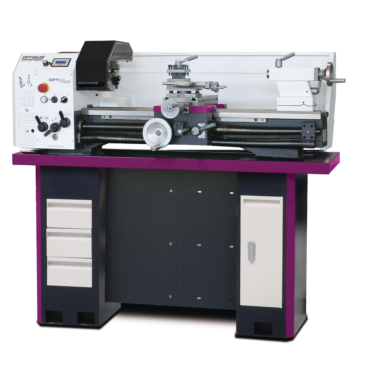 Illustration shows OPTIturn TU 3008V with optional machine substructure