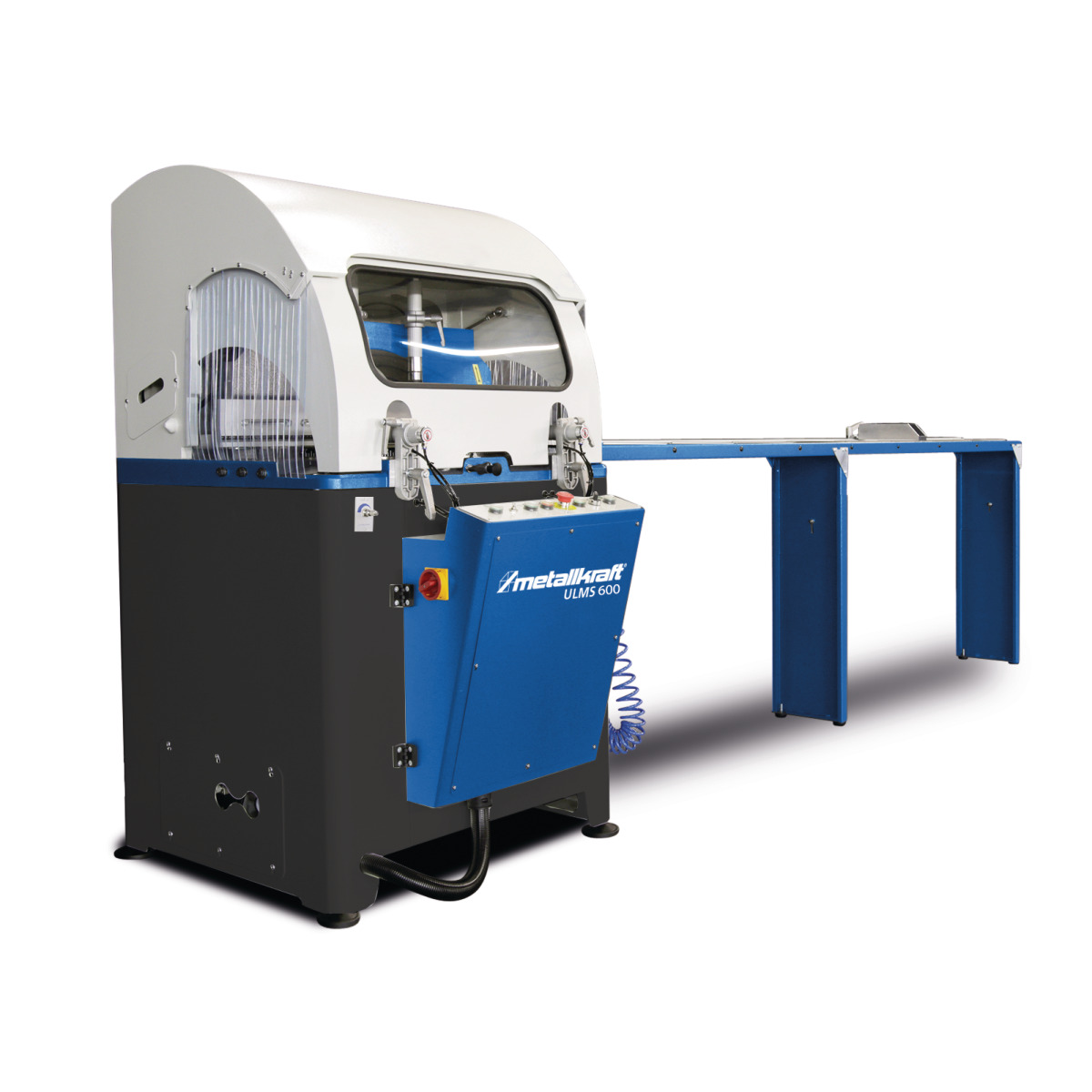 The figure shows the ULMS 600 with the following accessories: roller conveyor with length stop and manual measuring system with mm scale