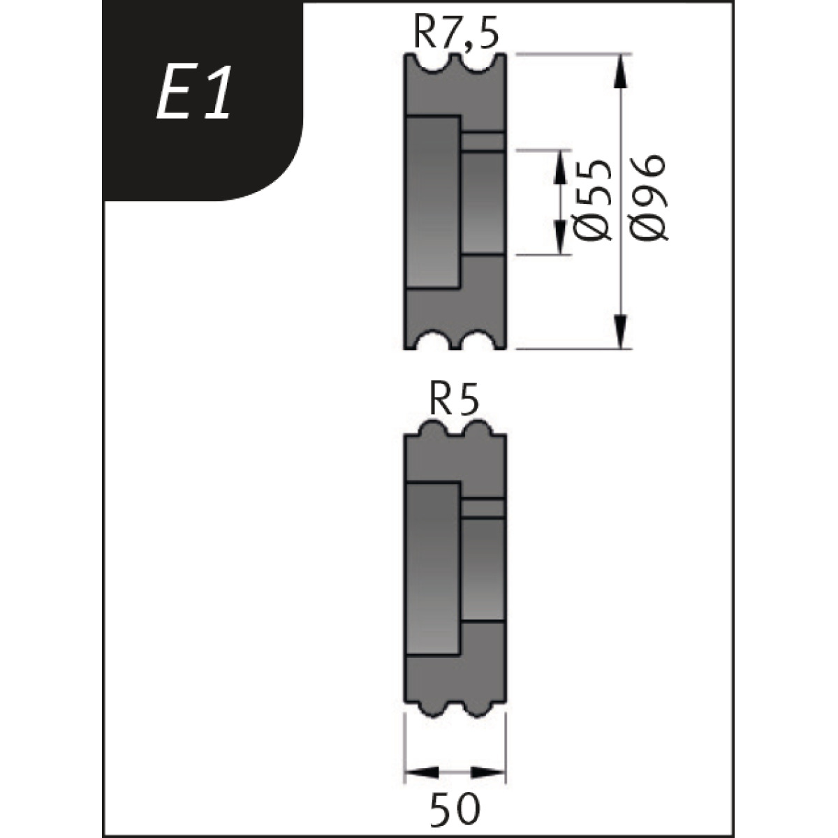Rodillos de curvado Tipo E1, Ø 96 x 55 x 50 mm, R 7,5 / 5 mm