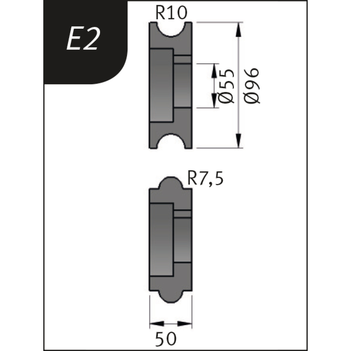 Rodillos de curvado Tipo E2, Ø 96 x 55 x 50 mm, R 10 / 7,5 mm