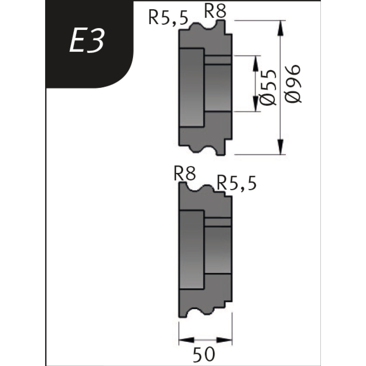 Rodillos de curvado Tipo E3, Ø 96 x 55 x 50 mm, R 5,5+8 / 8+5,5 mm