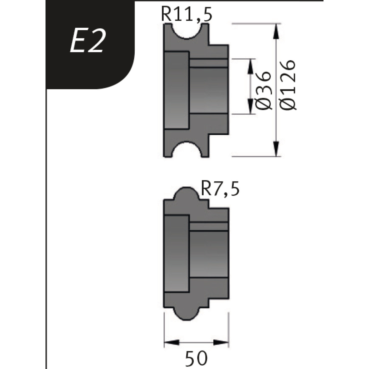 Bending rollers Typ E2, Ø 126 x 36 x 50 mm, R 11.5 / 7.5 mm