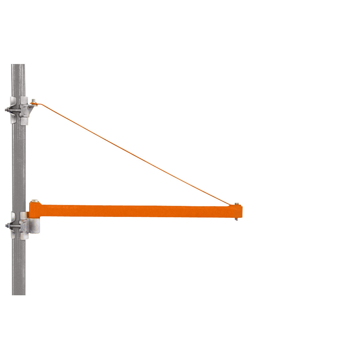 Figures show wall swing arm attached to vertical bar, bar not included. Schematic drawing shows an example suspension of an electric cable on the wall bracket.